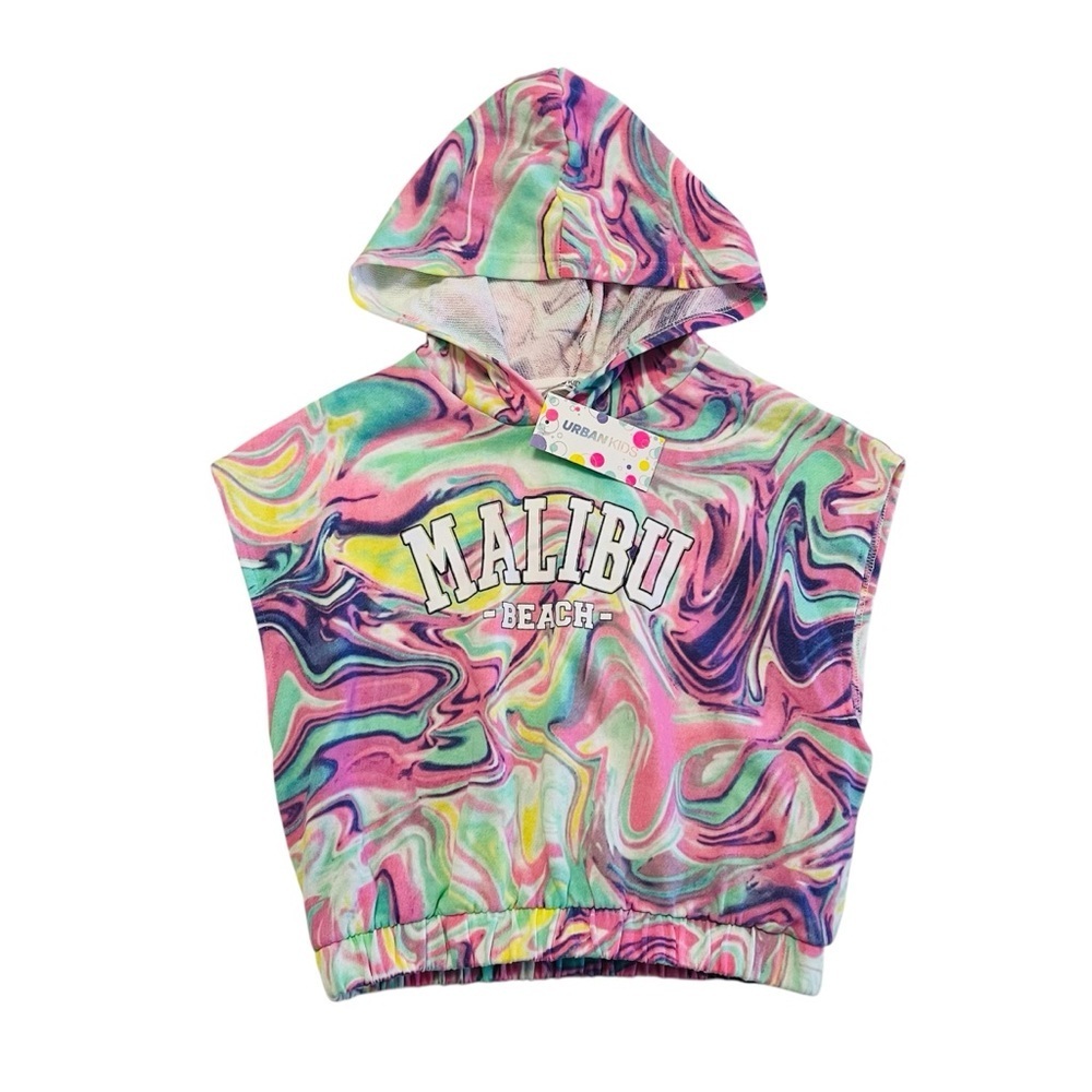 Pink and Green Sleeveless Hoodie with Abstract Swirl
